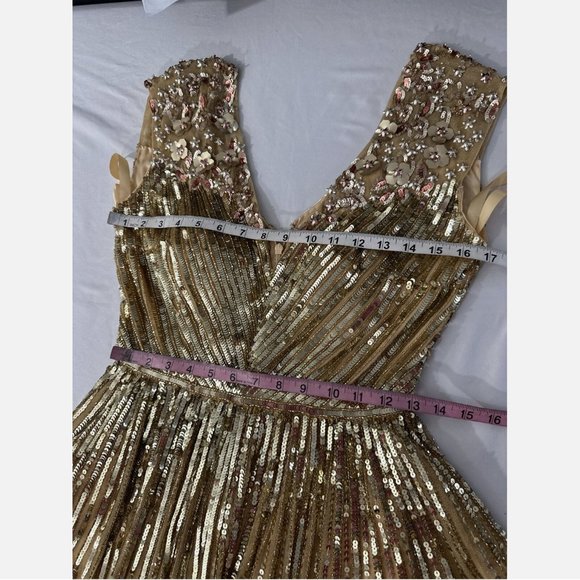 NEW $798 Mac Duggal [ 6‎ ] Sequin & Floral Embellished Evening Gown Gold - Picture 4 of 16